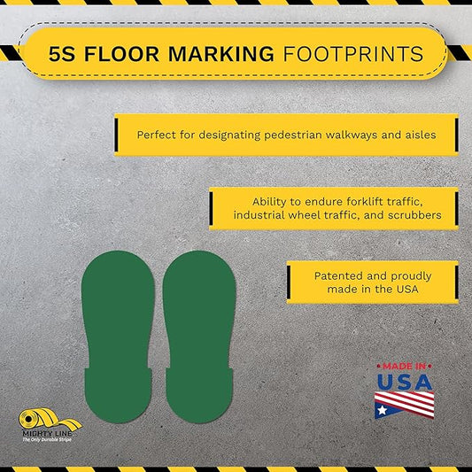 Mighty Line Big Footprints Floor Marking Tape for Safety, Caution, Warning, Heavy-Duty, Peel and Stick, Adhesive, Industrial Quality, 12" Long x 5" Wide, Green, Pack of 50