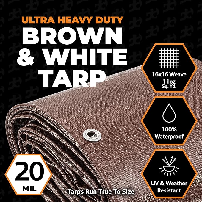 6' x 8' Brown/White Ultra Heavy Duty - 20 Mil Tarps Heavy Duty Waterproof 6x8- Large Outdoor Tarp, Waterproof Tarp Cover for Rain Camping, Tent, UV Protection, Reinforced Corners