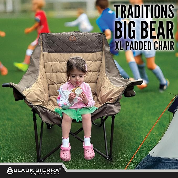 Black Sierra Deluxe Padded Camping Chair for Sports & Outdoors, Oversize XL Outdoor Folding Chair Supports 400 lbs, Heavy Duty Seat w/Dual Cup Holders/Carry Bag Perfect for RV, Tailgating, Glamping