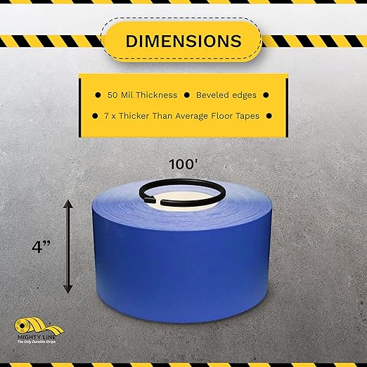 Mighty Line UltraLine Solid Floor Marking Tape for Safety, Caution, Warning, Heavy-Duty, Peel and Stick Adhesive, Beveled Edge Design, Industrial Quality, 4 Inch, 100' Roll, Blue