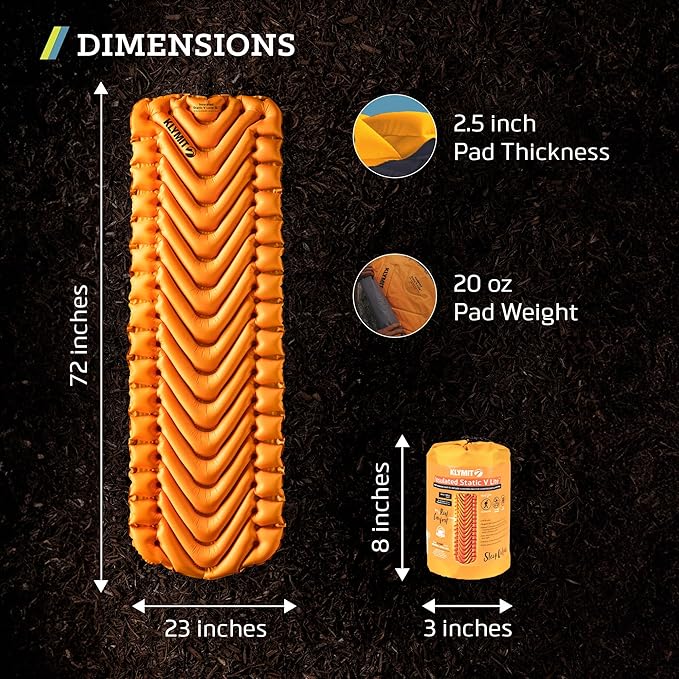 KLYMIT Insulated Static V Lite Inflatable Sleeping Pad | Comfortable, Lightweight, Easy to Inflate, Portable Air Bed for Hiking, Backpacking & Camping — Orange