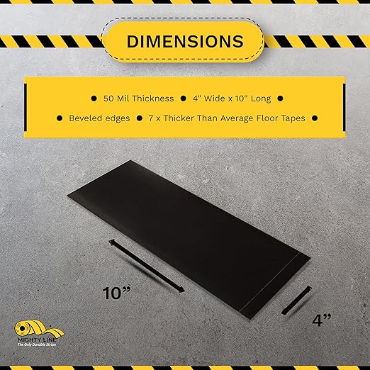 Mighty Line Floor Marking Tape Strips for Safety, Caution, Warning, Heavy-Duty, Peel and Stick, Adhesive, Industrial Quality, Black, 4" by 10"