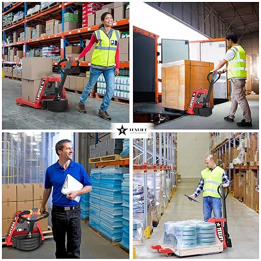 Full Electric Forklift Walkie Pallet Stacker 3300 Lb Capacity 118 Inch Lifting Height and Full Electric Power Pallet Jack 3300 Lb Capacity 48” L x 27” W Fork Size