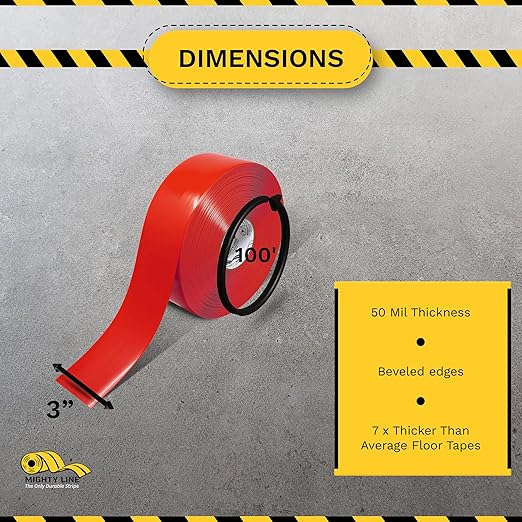 Mighty Line Solid Floor Marking Tape for Safety, Caution, Warning, Heavy-Duty, Peel and Stick Adhesive, Beveled Edge Design, Industrial Quality, 3 inch, 100' Roll, Red