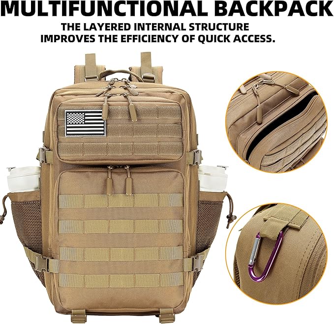 45L Tactical Assault Backpack 3 day assault pack with Molle Waterproof backpack Rucksack for Tactical Backpacks (khaki)