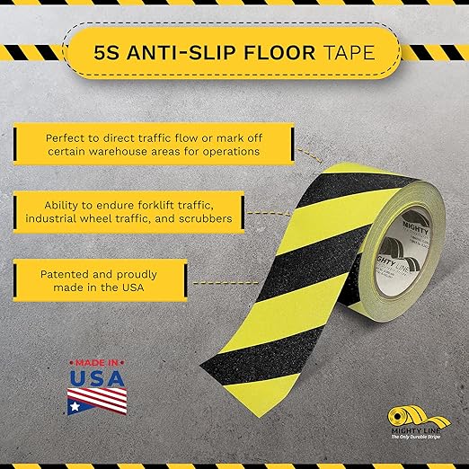 Mighty Line Anti-Slip Caution Floor Marking Tape for Safety, Warning, Heavy-Duty, Peel and Stick, Adhesive, Industrial Quality, 4" Yellow with Black Chevrons, 60' Roll