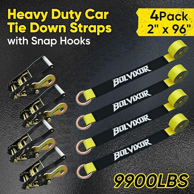 4 Pack Car Tie Down Straps for Trailers - 2" x 96" - 9900LBS Break Strength - Tire Ratchet Strap with Snap Hooks - Adjustable Wheel Straps for Hauling UTV, SUV, Truck, Any Cars