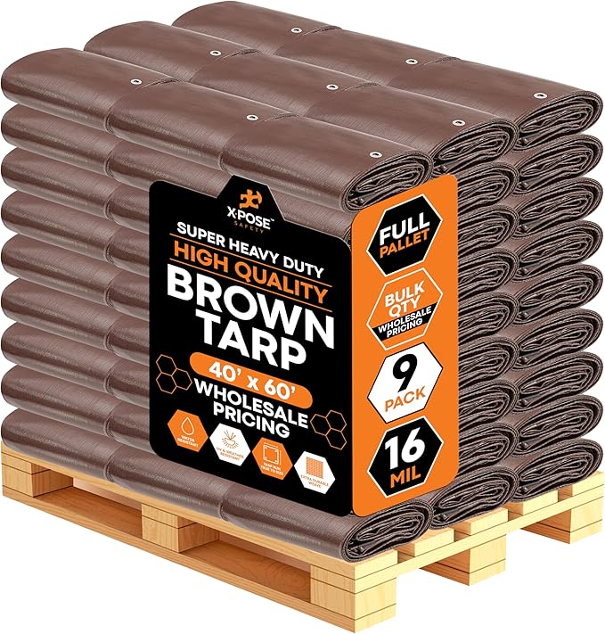Super Heavy Duty Brown Poly Tarp 40' x 60' - Bulk Full Pallet (9 Pack) Thick Waterproof, UV Blocking Protective Cover - 16 Mil Thick Polyethylene - by Xpose Safety