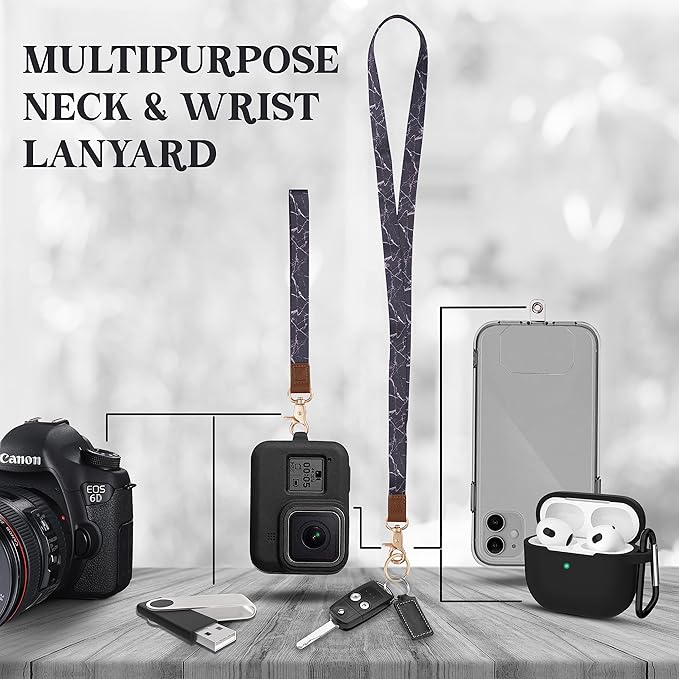 2-in-1 ID Badge Holder & Lanyard Wallet - Multi-Use Womens Small Wallet with Removable Wristlet & Neck Lanyard, Clear Window, 5 Card Slots, Phone Holder, Ring Keychain - Black Marble