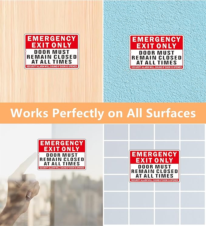 Emergency Exit Only Sign, (2 Pack) Self Adhesive Emergency Exit Sign Sticker for Door, Rust Free and Reflective Aluminum Metal Signs for Wall (9 x 6 inches, Red/White)