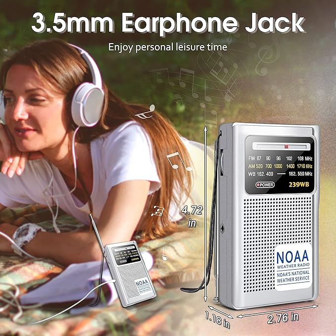 Greadio NOAA Weather Radio, AM/FM Battery Operated Transistor Portable Radio with Best Reception,Stereo Earphone Jack,Powered by 2 AA Battery for Emergency,Hurricane,Running, Walking,Home (Silver)