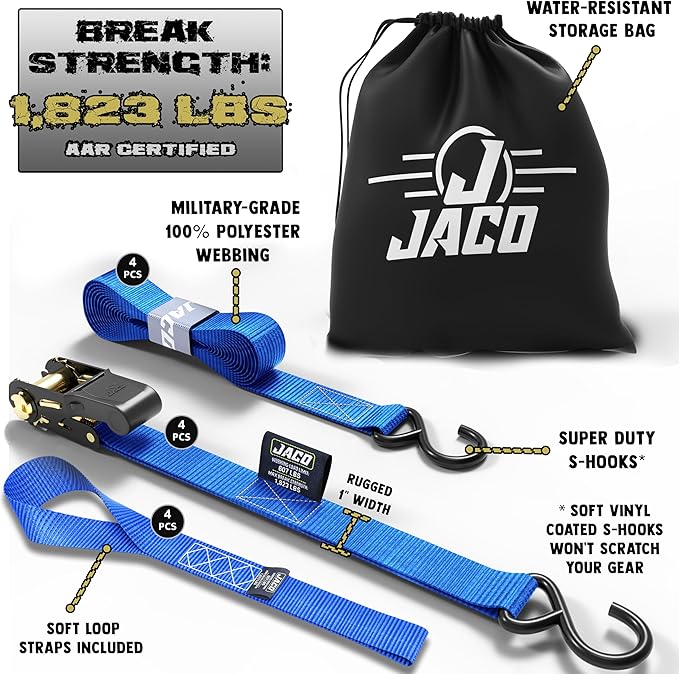 JACO Ratchet Tie Down Straps - 1 inch x 15 ft (Pack of 4) | 1,823 lbs (Blue)