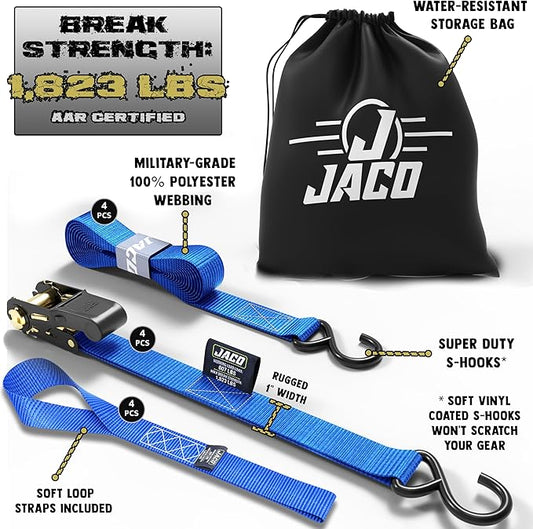 JACO Ratchet Tie Down Straps - 1 inch x 15 ft (Pack of 4) | 1,823 lbs (Blue)