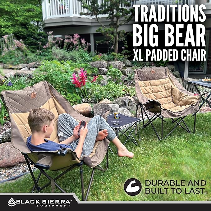 Black Sierra Deluxe Padded Camping Chair for Sports & Outdoors, Oversize XL Outdoor Folding Chair Supports 400 lbs, Heavy Duty Seat w/Dual Cup Holders/Carry Bag Perfect for RV, Tailgating, Glamping