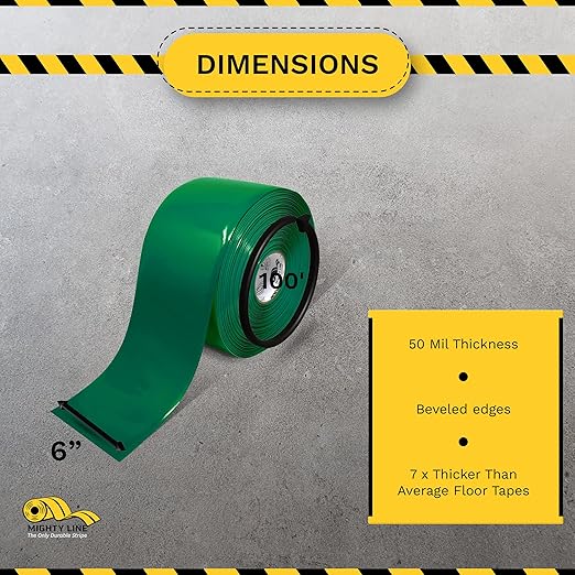 Mighty Line Solid Floor Marking Tape for Safety, Caution, Warning, Heavy-Duty, Peel and Stick Adhesive, Beveled Edge Design, Industrial Quality, 6 inch, 100' Roll, Green