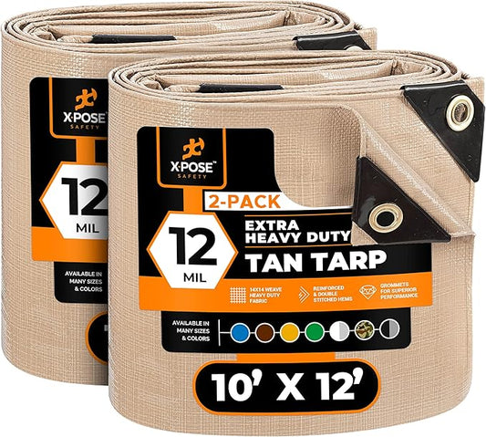 Heavy Duty Tan Poly Tarp 10' X 12' (2-Pack) - Multipurpose Protective Cover - Durable, Waterproof, Weather Proof, Rip and Tear Resistant - Extra Thick 12 Mil Polyethylene - by Xpose Safety