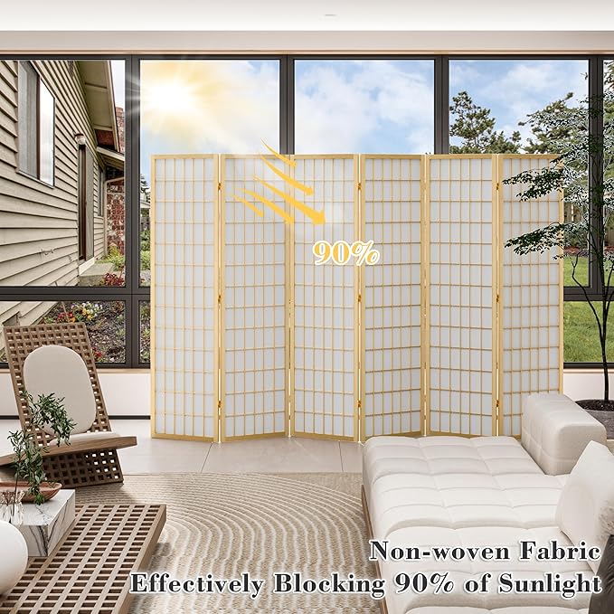 WelFurGeer 6 Panel Room Divider, Folding Privacy Shoji Screens, Room Partitions and Dividers, Decorative Room Dividers, Wall Dividers for Room Separation, Japanese Wood Room Divider for Home (Natural)