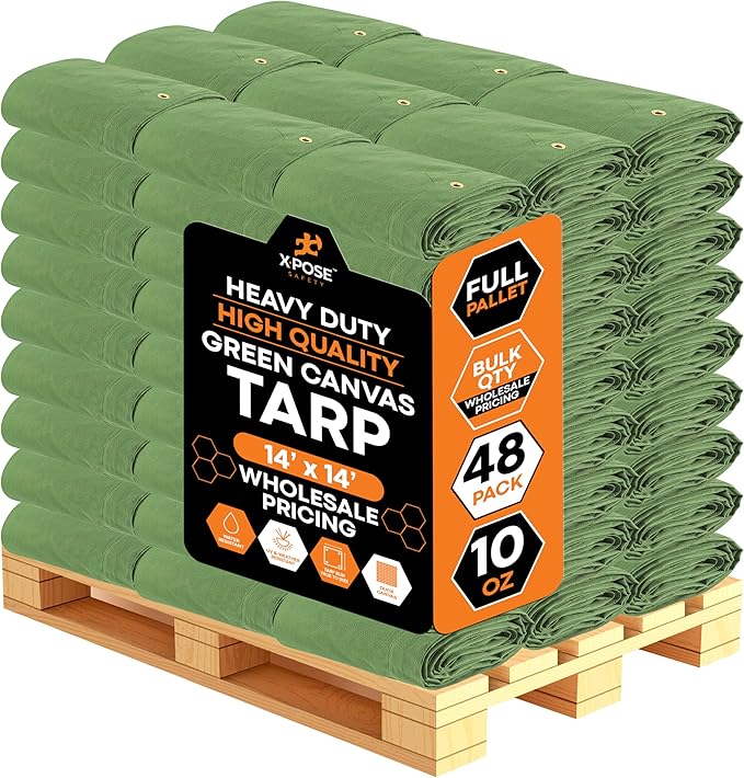 Xpose Safety 10oz Green Canvas Tarps 14' x 14' – Bulk Full Pallet (48 Packs) – Multipurpose Heavy Duty Water-Resistant Tarpaulin with Brass Grommets for Camping, Canopy & Equipment Protection
