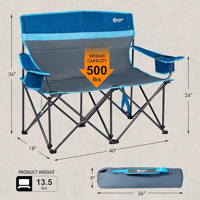 Portal 2 Person Camping Loveseat Folding Double Duo Camp Chair for Adults High Back Outdoor, Support 500 lbs, Blue
