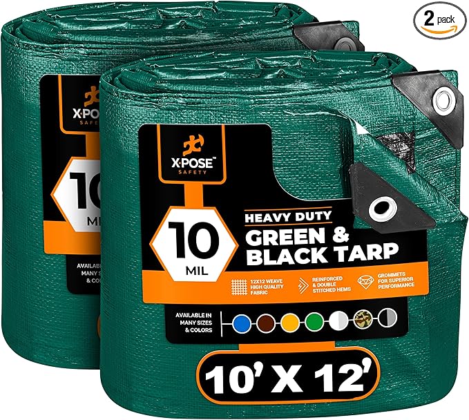 Heavy Duty Poly Tarp - 10' x 12' (2-Pack) - 10 Mil Thick Waterproof, UV Blocking Protective Cover - Reversible Green and Black - Laminated Coating - Grommets - by Xpose Safety