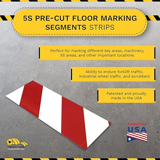 Mighty Line Floor Marking Tape Strips for Safety, Caution, Warning, Heavy-Duty, Peel and Stick, Adhesive, Industrial Quality, White and Red Hazard, 4" by 10"