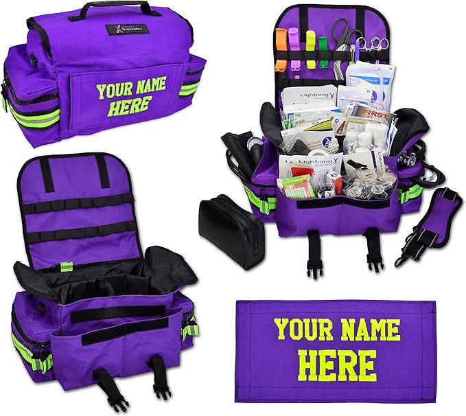 Lightning X Personalized First Responder EMT EMS Trauma Bag w/Stocked First Aid Fill Kit B & Custom Embroidered Name Patch (Purple)