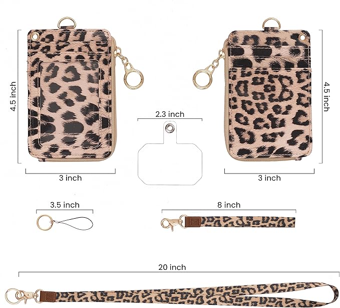 2-in-1 ID Badge Holder & Lanyard Wallet - Multi-Use Womens Small Wallet with Removable Wristlet & Neck Lanyard, Clear Window, 5 Card Slots, Phone Holder, Ring Keychain - Leopard