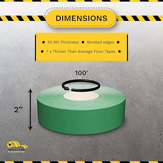 Mighty Line UltraLine Solid Floor Marking Tape for Safety, Caution, Warning, Heavy-Duty, Peel and Stick Adhesive, Beveled Edge Design, Industrial Quality, 2 Inch, 100' Roll, Green