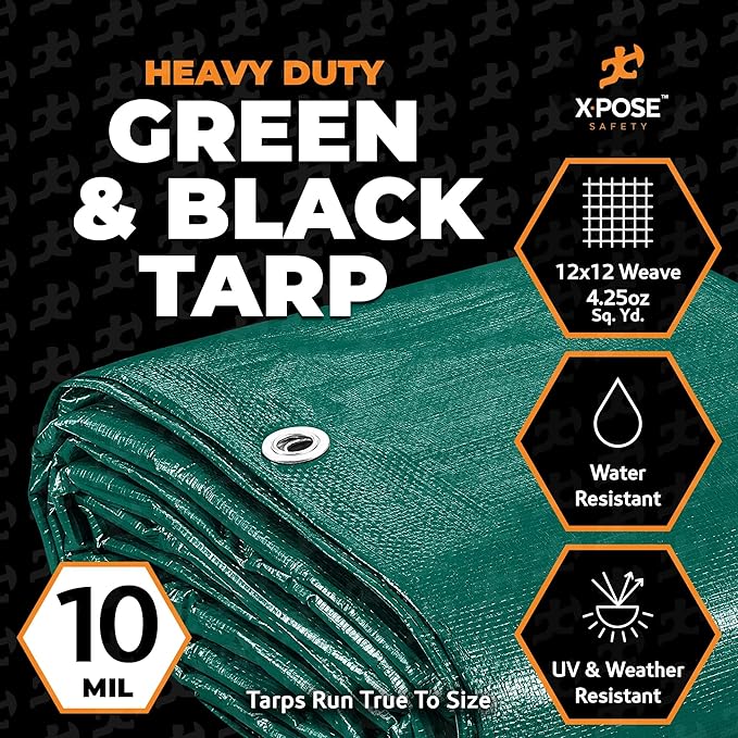 Heavy Duty Poly Tarp - 10' X 10' - 10 Mil Thick Waterproof, UV Blocking Protective Cover - Reversible Green and Black - Laminated Coating - Grommets - by Xpose Safety