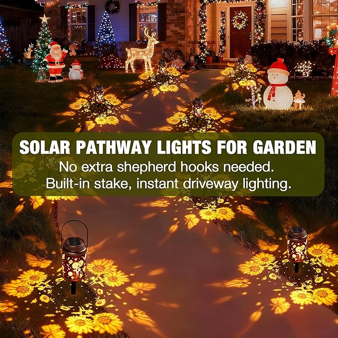 Cooo 6 Pack Solar Lanterns Outdoor Waterproof Sunflower Butterfly Solar Pathway Lights Landscape Path Christmas Gifts for Women Mom Grandma for Outdoor Table Lamps Garden Yard Backyard Decor-Rose Gold