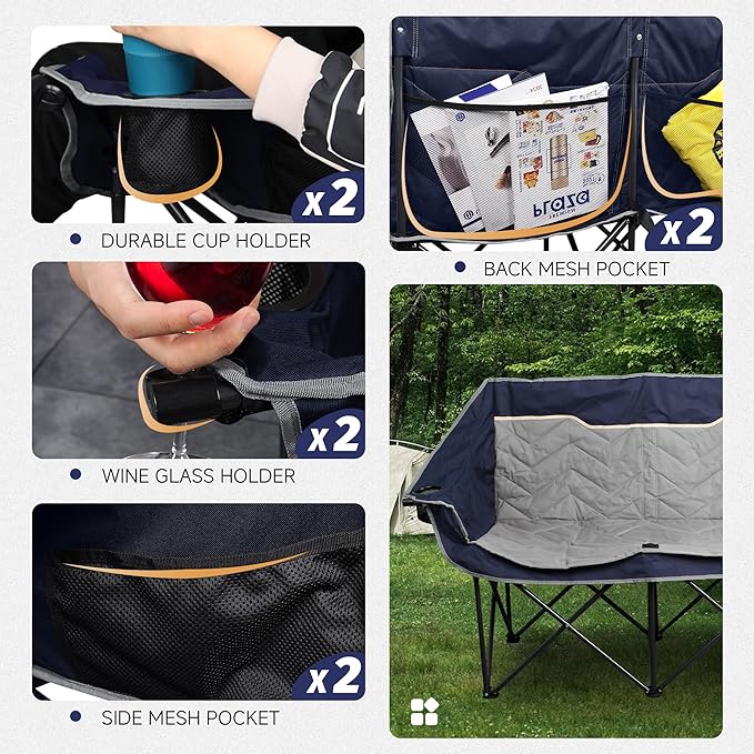 Double Camping Chair, Padded Loveseat Camping Couch, Oversized 2 Person Camp Chairs with Carry Bag,Heavy Duty Folding Lawn Chair for Adults Portable Outdoor Folding Sofa for Patio Backyard, Blue