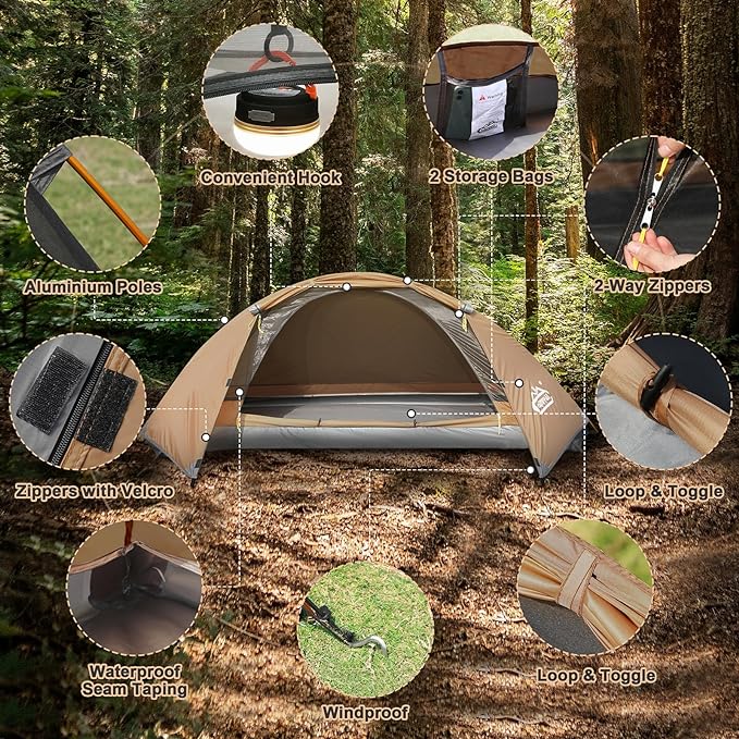 camppal 1 Person Tent for Camping Hiking Mountain Hunting Backpacking Tents 4 Season Resistance to Windproof Rainproof and Waterproof