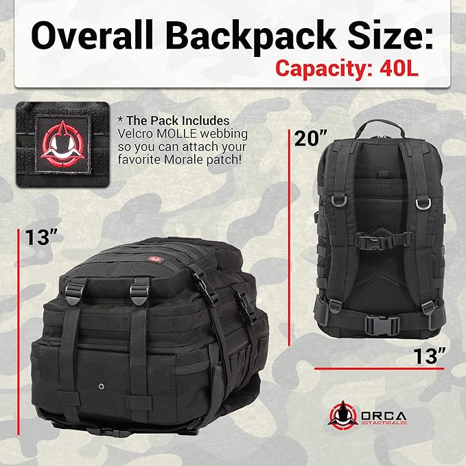 Orca Tactical Backpack 40L Large Military 1 to 3 Day Molle Assault Pack Rucksack Army Bag