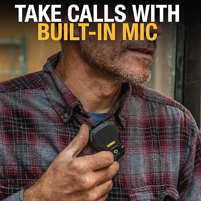 DEWALT Wearable Bluetooth Speaker [Onyx Edition - Black] Clip-On Wireless Jobsite Pro Water-Resistant Portable Speaker (Non- Magnetic), Mic for Hands-Free Music/Calls, Mini Speakers Bluetooth Wireless