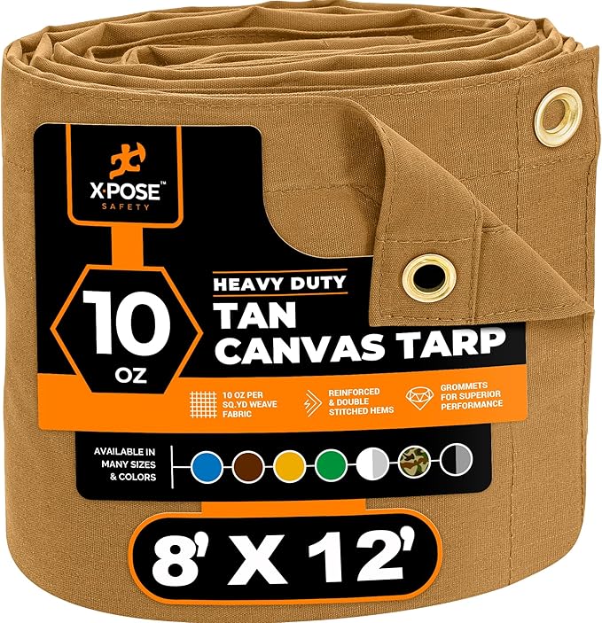 Xpose Safety Canvas Tarp - 10oz Tan Canvas Tarps Heavy Duty Water Resistant with Brass Grommets- Multipurpose Outdoor Tarpaulin for Camping, Canopy, Trailer, Equipment Cover 8' x 12'