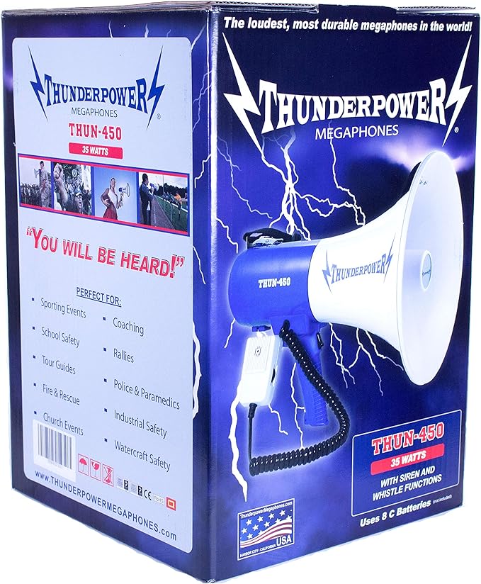 ThunderPower THUN450 Extra-Loud Megaphone Speaker – 35W Voice Amplifier for 1,400-Yard Range – Bullhorn Megaphone with Voice, Siren & Whistle Mode – Bull Horn Loud Speaker with Mic & Shoulder Strap
