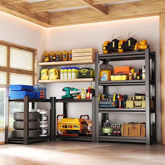 54'' Storage Shelves, Garage Metal Shelving Unit, Adjustable, Double-Layer Column with Reinforced Ribs, Heavy-Duty, Capable of Bearing 2400 lbs, Suitable for Garage, Warehouse, Kitchen Storage