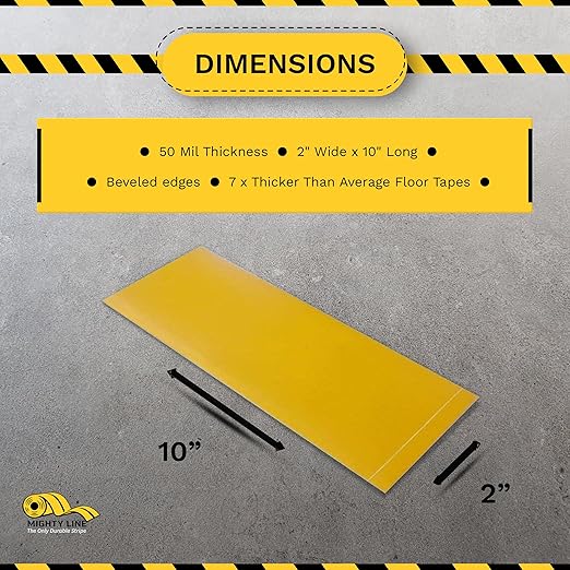 Mighty Line Floor Marking Tape Strips for Safety, Caution, Warning, Heavy-Duty, Peel and Stick, Adhesive, Industrial Quality, Yellow, 2" by 10"