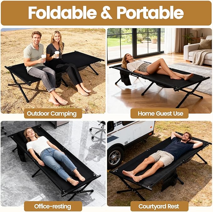 Portable Camping Cot for Adults, 300lbs Heavy Duty Folding Bed with 60s Quick Setup, Compact & Lightweight for Outdoor, Guest, Office Nap, Hospital Stay(Black)