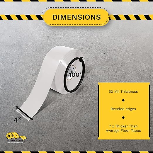 Mighty Line Solid Floor Marking Tape for Safety, Caution, Warning, Heavy-Duty, Peel and Stick Adhesive, Beveled Edge Design, Industrial Quality, 4 inch, 100' Roll, White