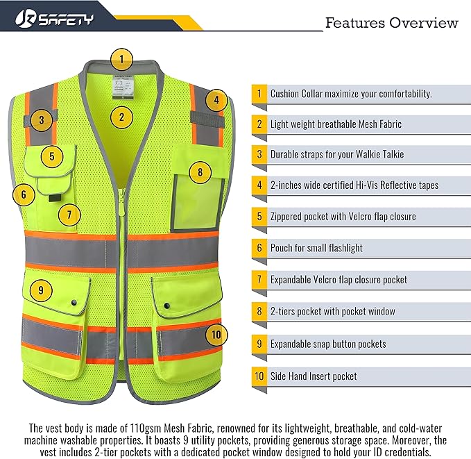 JKSafety 9 Pockets Hi-Vis Safety Vest Breathable Mesh Fabric Cushioned Collar Work Utility PPE Lightweight Industrial Work Gear ANSI/ISEA compliant (101-Yellow XXL)