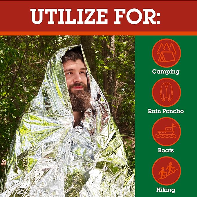 Emergency Mylar Thermal Blankets (10 Pack) Survival Kit Camping Space Blanket - Perfect for Hiking, Outdoors, Marathon Runs or First Aid Set- Bug Out Bag Essential - Keep Heat Insulated