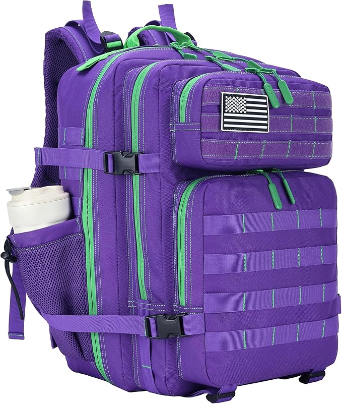 45L Tactical Assault Backpack 3 day assault pack with Molle Waterproof backpack Rucksack for Tactical Backpacks (Purple Green)