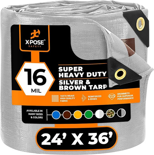 24' x 36' Super Heavy Duty 16 Mil Silver/Brown Poly Tarp Cover - Thick Waterproof, UV Resistant, Rip and Tear Proof Tarpaulin with Grommets and Reinforced Edges - by Xpose Safety