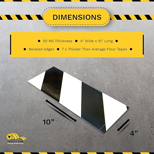 Mighty Line Floor Marking Tape Strips for Safety, Caution, Warning, Heavy-Duty, Peel and Stick, Adhesive, Industrial Quality, White and Black Hazard, 4" by 10"