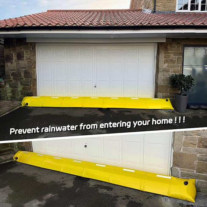Flood Barrier 16Foot Length 12Inch Height, Flood Sandbag Alternative, Water Filled Flood Control Barrier,Reusable PVC Flood Prevention Tube, Water Barriers for Door Garage Home（Yellow)