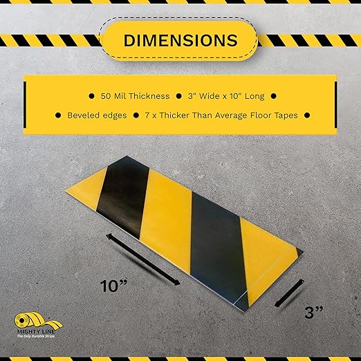 Mighty Line Floor Marking Tape Strips for Safety, Caution, Warning, Heavy-Duty, Peel and Stick, Adhesive, Industrial Quality, Yellow and Black Hazard, 3" by 10"