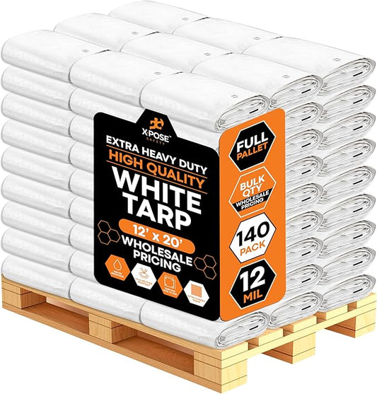 Heavy Duty White Poly Tarp 12' X 20' - Bulk Full Pallet (140 Pack) - Multipurpose Protective Cover - Durable, Weather Proof & Tear Resistant - 12 Mil Thick Polyethylene - by Xpose Safety