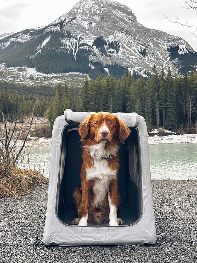 Diggs Enventur Small Inflatable Travel Dog Crate – Ultra-Light & Portable Dog Crate – Puncture-Resistant, Waterproof, Compact – Safe, Durable for Adventures & Travel - 27" L x 18" W x 20" H (Grey)