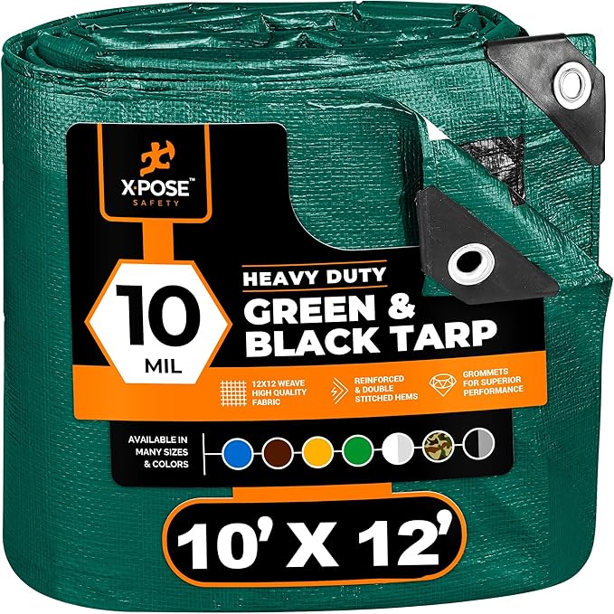 Heavy Duty Poly Tarp 10 Feet x 12 Feet 10 Mil Thick Waterproof, UV Blocking Protective Cover - Reversible Green and Black - Laminated Coating - Grommets - by Xpose Safety